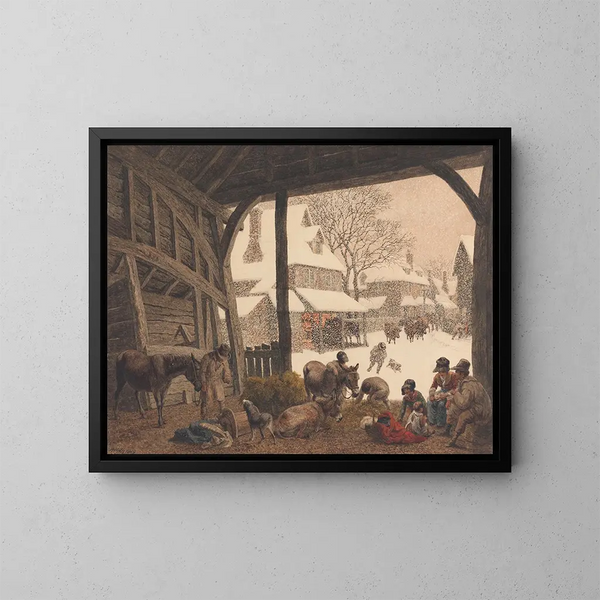 Eine Schneeszene in einem Dorf - Robert Hills — gerahmtes Bild an der Wand