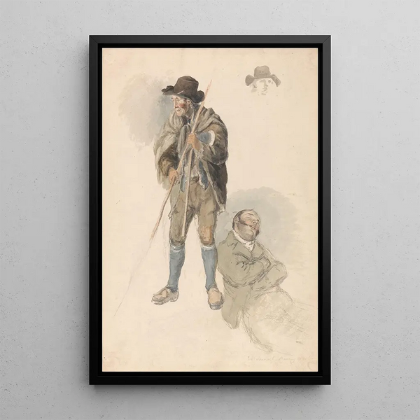 Studien der Figuren: ein landwirtschaftlicher Arbeiter, M. Samuel, der Zeichenlehrer, liegend und schläfrig, und eine leichte Skizze eines Mannes mit Hut - Robert Hills — gerahmtes Bild an der Wand