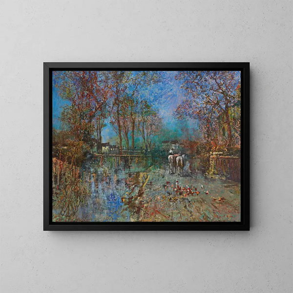 Landschaft mit Pferdegruppe - Robert Russ — gerahmtes Bild an der Wand