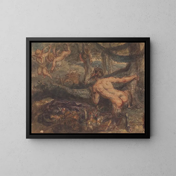Pan, der hinter einem Baum einen Putto beim Pfeileziehen beobachtet - Robert Smirke — gerahmtes Bild an der Wand