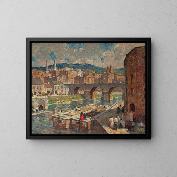 Eine Mühlstadt am Flussufer - Robert Spencer — gerahmtes Bild an der Wand