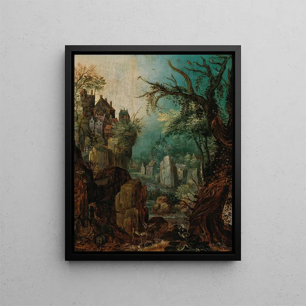 Roelant Savery - A mountainous river landscape with a peasant leading two donkeys a village beyond.webp