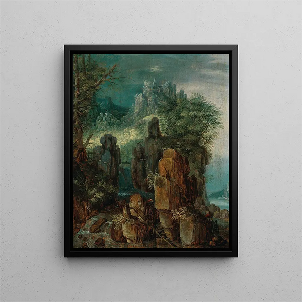 Ein bergiges Flusslandschaft mit Figuren und Ziegen, ein Dorf im Hintergrund - Roelant Savery — gerahmtes Bild an der Wand