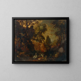 Roelant Savery - A rocky wooded landscape with birds deer and other animals.webp