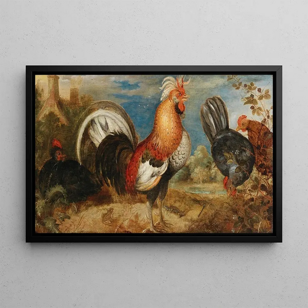 Ein Hahn und eine Henne in einer Landschaft - Roelant Savery — gerahmtes Bild an der Wand