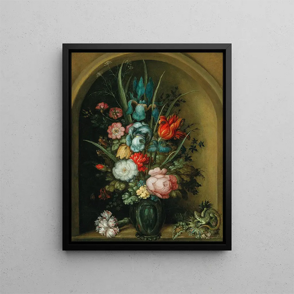 Gemischte Blumen in einer Glasvase mit einer Eidechse in der Nähe - Roelant Savery — gerahmtes Bild an der Wand