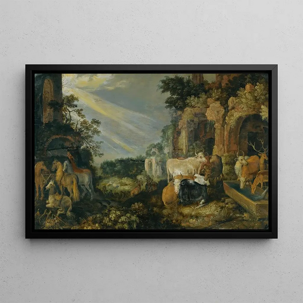 Paradieslandschaft mit Pferden, Kühen, Ziegen und Hirten - Roelant Savery — gerahmtes Bild an der Wand