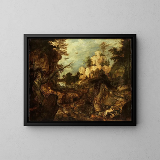 Roelant Savery - Wild boar hunt in a rocky landscape.webp