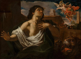 Roman School - Daniel in the Lions Den with an angel bearing the prophet Habakkuk.webp