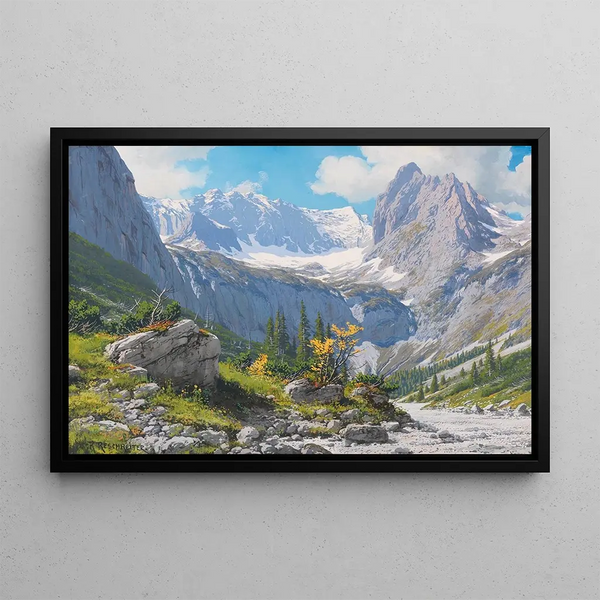 Blick von der Höllentalanger-Hütte auf den Höllentalgletscher und die Riffelwand-Gipfel - Rudolf Reschreiter — gerahmtes Bild an der Wand