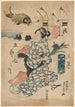 Frau, die eine Iris hält, Küstenlinie, großer Fisch im Hintergrund - Sadafusa Utagawa — Ansicht des Kunstwerks