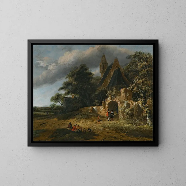 eines Landschaftsbildes mit Figuren vor den Mauern einer Ruinenkirche - Salomon Rombouts — gerahmtes Bild an der Wand
