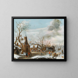 Salomon Rombouts - A winter landscape with a market scene.webp