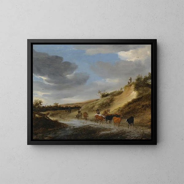 Ein weites Landschaft mit Vieh und ihren Hirten, die einer teilweise überschwemmten Landstraße folgen - Salomon van Ruysdael — gerahmtes Bild an der Wand