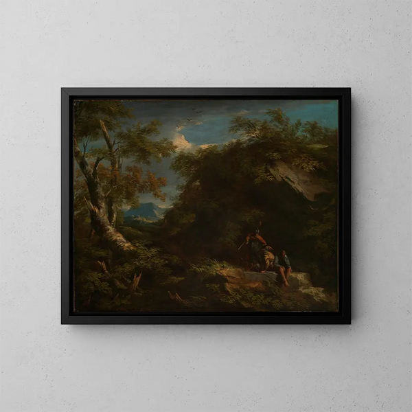 Landschaft mit Bergwald und ruhenden Kriegern - Salvator Rosa — gerahmtes Bild an der Wand