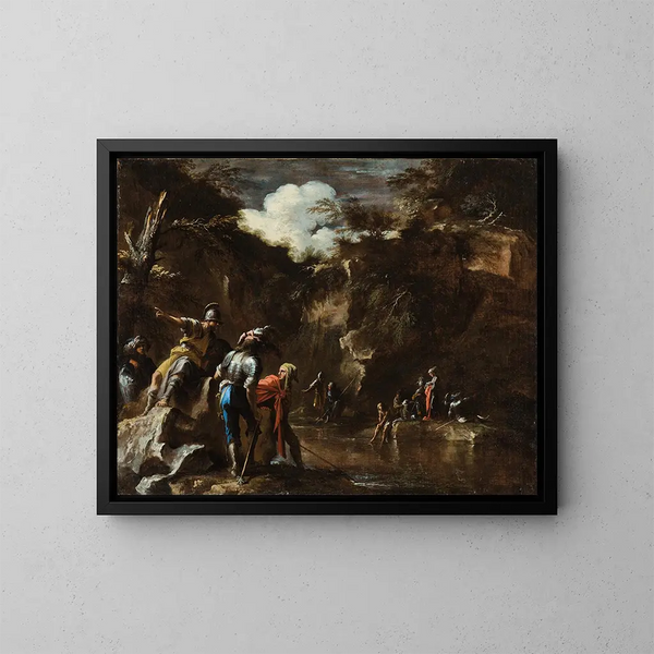 Szene aus der griechischen Geschichte: Thales lässt den Fluss auf beiden Seiten der lydischen Armee fließen - Salvator Rosa — gerahmtes Bild an der Wand