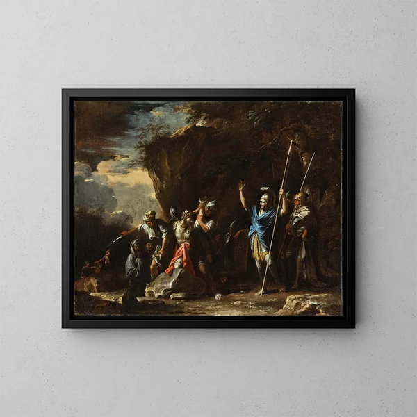 Szene aus der griechischen Geschichte: Der stumme Sohn des Königs Kroesus verhindert, dass die Perser seinen Vater töten - Salvator Rosa — gerahmtes Bild an der Wand