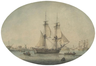 Samuel Atkins - A Trading Brig Preparing to Set Sail on the Thames Warships Running Down the Estuary Beyond.webp