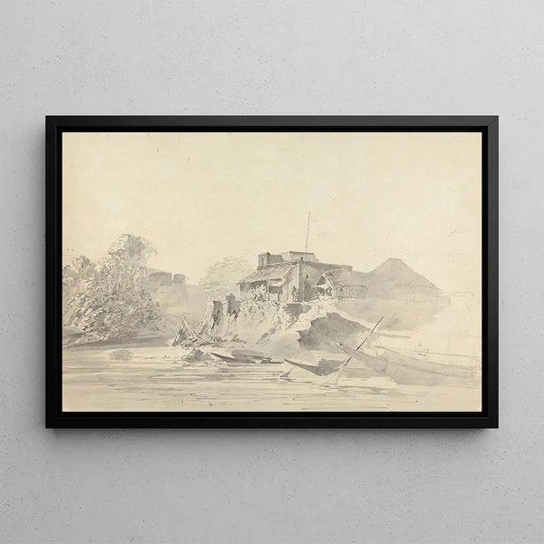 Flusslandschaft mit einheimischen Gebäuden - Samuel Davis — gerahmtes Bild an der Wand