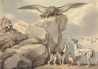 Samuel Howitt - An Eagle Perched on a Rock Lion Fox Two Hounds and a Rooster.webp
