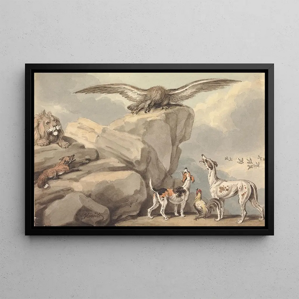 Ein Adler auf einem Felsen, ein Löwe, ein Fuchs, zwei Hunde und ein Hahn - Samuel Howitt — gerahmtes Bild an der Wand