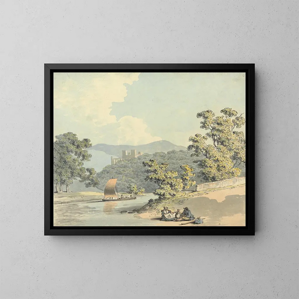 Ländliches Gemälde mit einem Kind am Flussufer - Samuel Howitt — gerahmtes Bild an der Wand