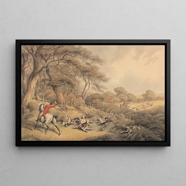 Jagd auf den Fuchs, bei der die Hunde gestoppt werden, die sich verändert haben - Samuel Howitt — gerahmtes Bild an der Wand