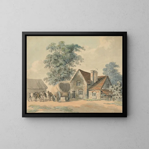Pferde und Wagen vor einem Cottage - Samuel Howitt — gerahmtes Bild an der Wand