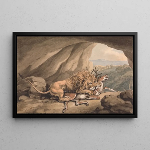 Löwe, der einen Hirsch angreift - Samuel Howitt — gerahmtes Bild an der Wand
