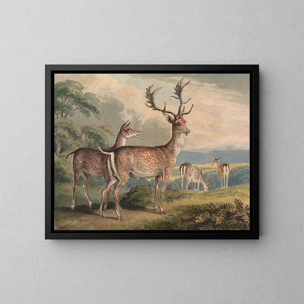 Hirsch, Hirschkuh und Kälber - Samuel Howitt — gerahmtes Bild an der Wand