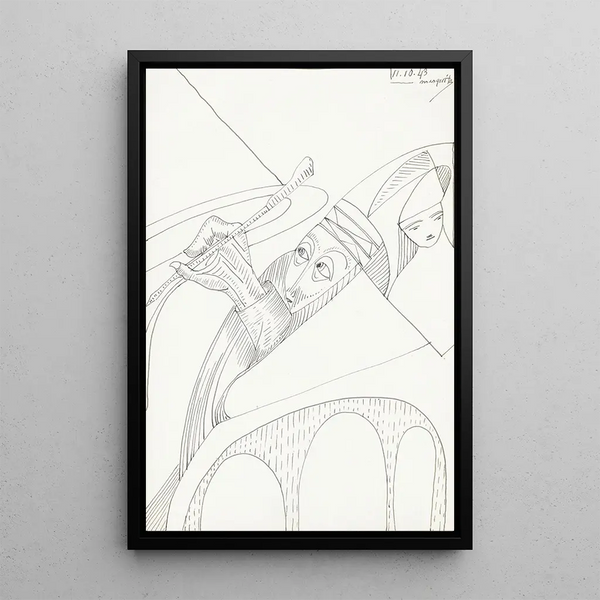 Mann mit einem Stift in der Hand und einer Figur mit Hut - Samuel Jessurun de Mesquita — gerahmtes Bild an der Wand