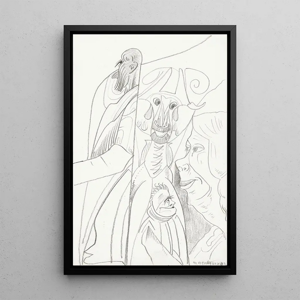 Vier Figuren, darunter ein Mann mit Bart und eine Frau mit Doppelkin, - Samuel Jessurun de Mesquita — gerahmtes Bild an der Wand