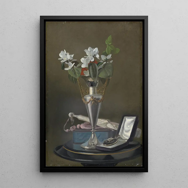 Stillleben mit Fächer und Anhänger - Samuel Marsden Brookes — gerahmtes Bild an der Wand