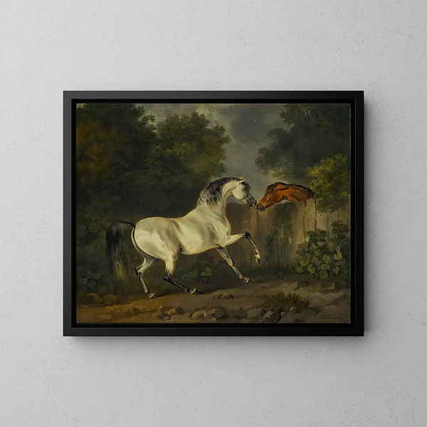 Zwei Pferde in der Nähe eines Zauns - Sawrey Gilpin — gerahmtes Bild an der Wand