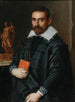 Portrait eines Gentlemans im Viertelprofil, der ein Buch hält, mit einer Statue im Hintergrund - Schule von Bergamo — Ansicht des Kunstwerks