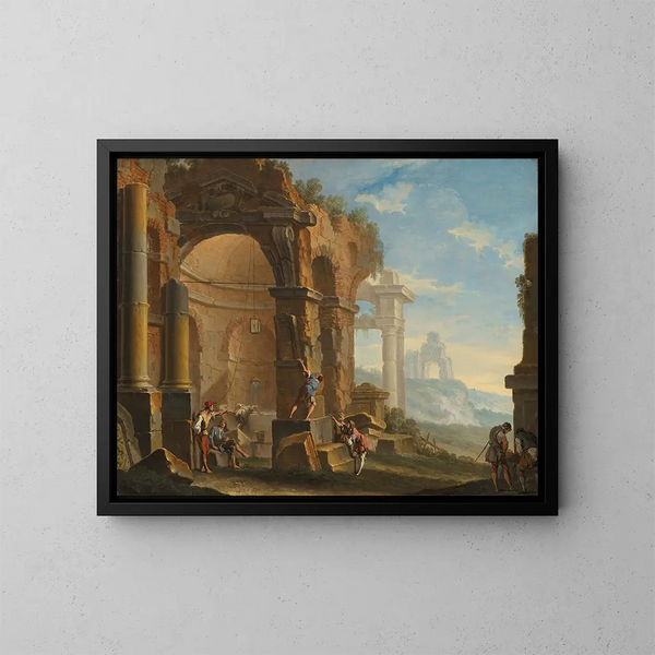 Ein Laune mit Figuren, die unterhalten, zwischen klassischen Ruinen - Sebastiano Ricci — gerahmtes Bild an der Wand