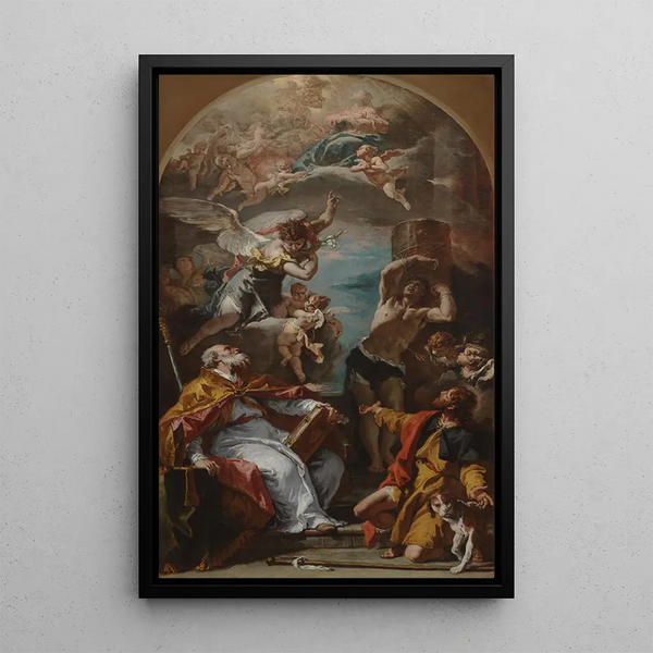 Herrlichkeit der Jungfrau mit Erzengel Gabriel und den Heiligen Eusèbe, Roch und Sebastian - Sebastiano Ricci — gerahmtes Bild an der Wand