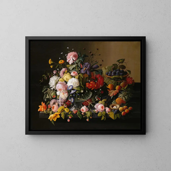 Naturstillleben mit Blumen und Früchten - Severin Roesen — gerahmtes Bild an der Wand