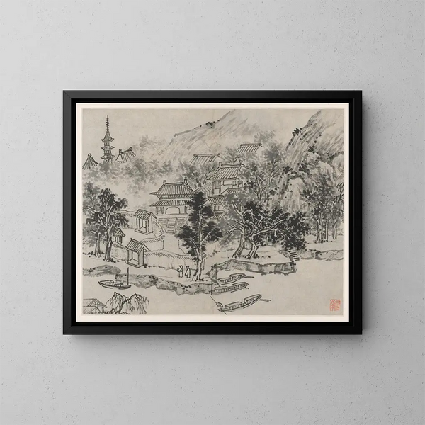 Vue lointaine de Tiger Hill depuis l'amarrage du canal - Shen Zhou — gerahmtes Bild an der Wand