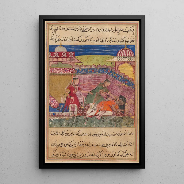Die täuschende Frau wirft die Kurtisane hinaus, nachdem sie ihr das Gesicht mit einem Tutinama Geschichten eines Papageis achten Nacht - Shravana verfärbt hat — gerahmtes Bild an der Wand
