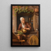 Ein Bauerngarten, der eine Blumenvase auf einem Holztisch mit Blick von innen ihres Hauses im Hintergrund gießt - Simon Besanger — gerahmtes Bild an der Wand