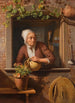 Ein Bauerngarten, der eine Blumenvase auf einem Holztisch mit Blick von innen ihres Hauses im Hintergrund gießt - Simon Besanger — Ansicht des Kunstwerks