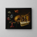 Stillleben mit einem Schädel, einem Musikbuch, einer erloschenen Kerze, einem verwelkten Blumenstrauß und anderen Vanitas-Objekten auf einem Tisch - Simon Renard de Saint-André — gerahmtes Bild an der Wand