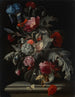 Rosen, Nelken, Mohnblumen und Hortensien sowie eine Iris in einer Glasvase mit einer Schnecke und einem Schmetterling auf einer Steinbank - Simon Verelst — Ansicht des Kunstwerks