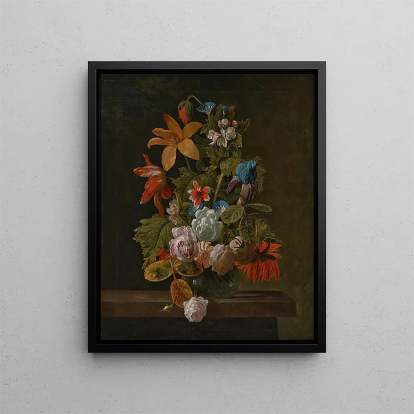 Tulpen, Rosen, Iris und verschiedene Blumen in einer Glasvase auf einer Steinkante - Simon Verelst — gerahmtes Bild an der Wand