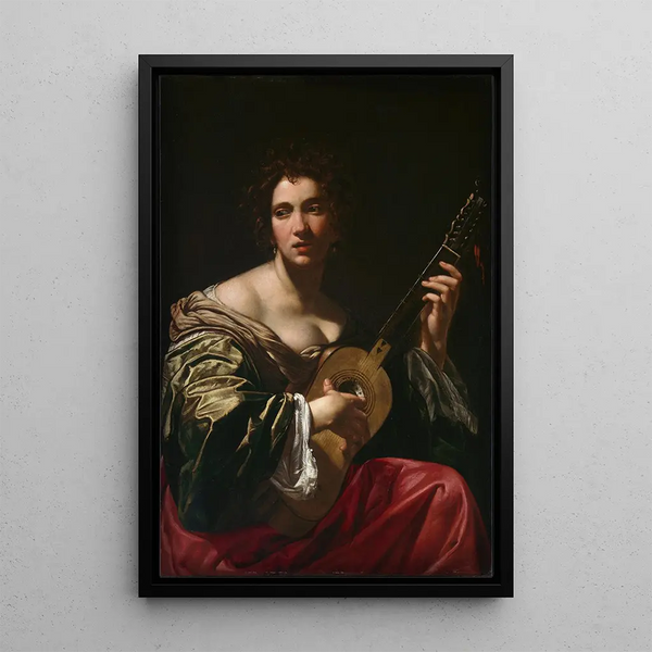 Frau, die Gitarre spielt - Simon Vouet — gerahmtes Bild an der Wand