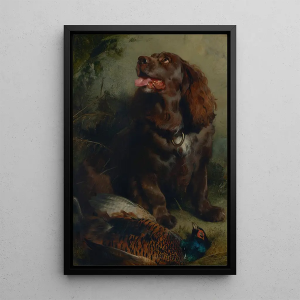 Ein Sussex-Spaniël und ein Fasan - Sir Edwin Henry Landseer — gerahmtes Bild an der Wand