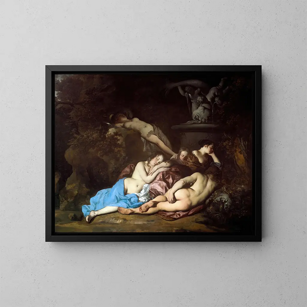 Nymphe in der Nähe eines Brunnens - Sir Peter Lely — gerahmtes Bild an der Wand