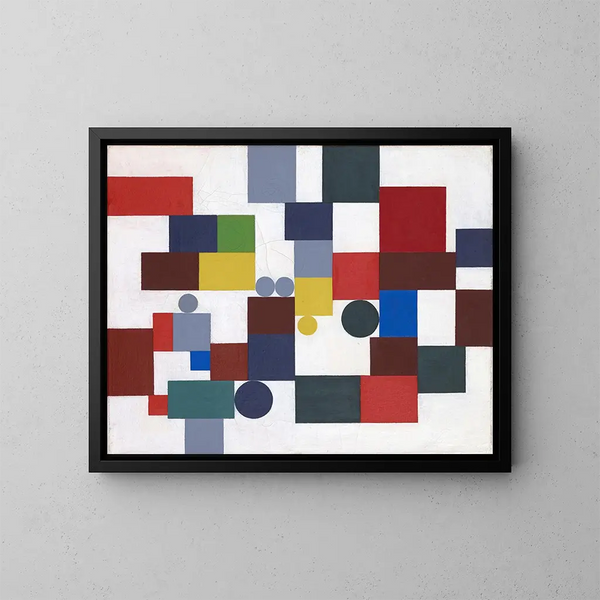 Komposition mit Tetragonen, Rechtecken und kongruenten Kreisen - Sophie Taeuber-Arp — gerahmtes Bild an der Wand