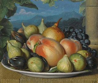 Spanish School - A Still Life With Figs Peaches A Pear And Black Grapes On A White Dish An Extensive Landscape Beyond.webp